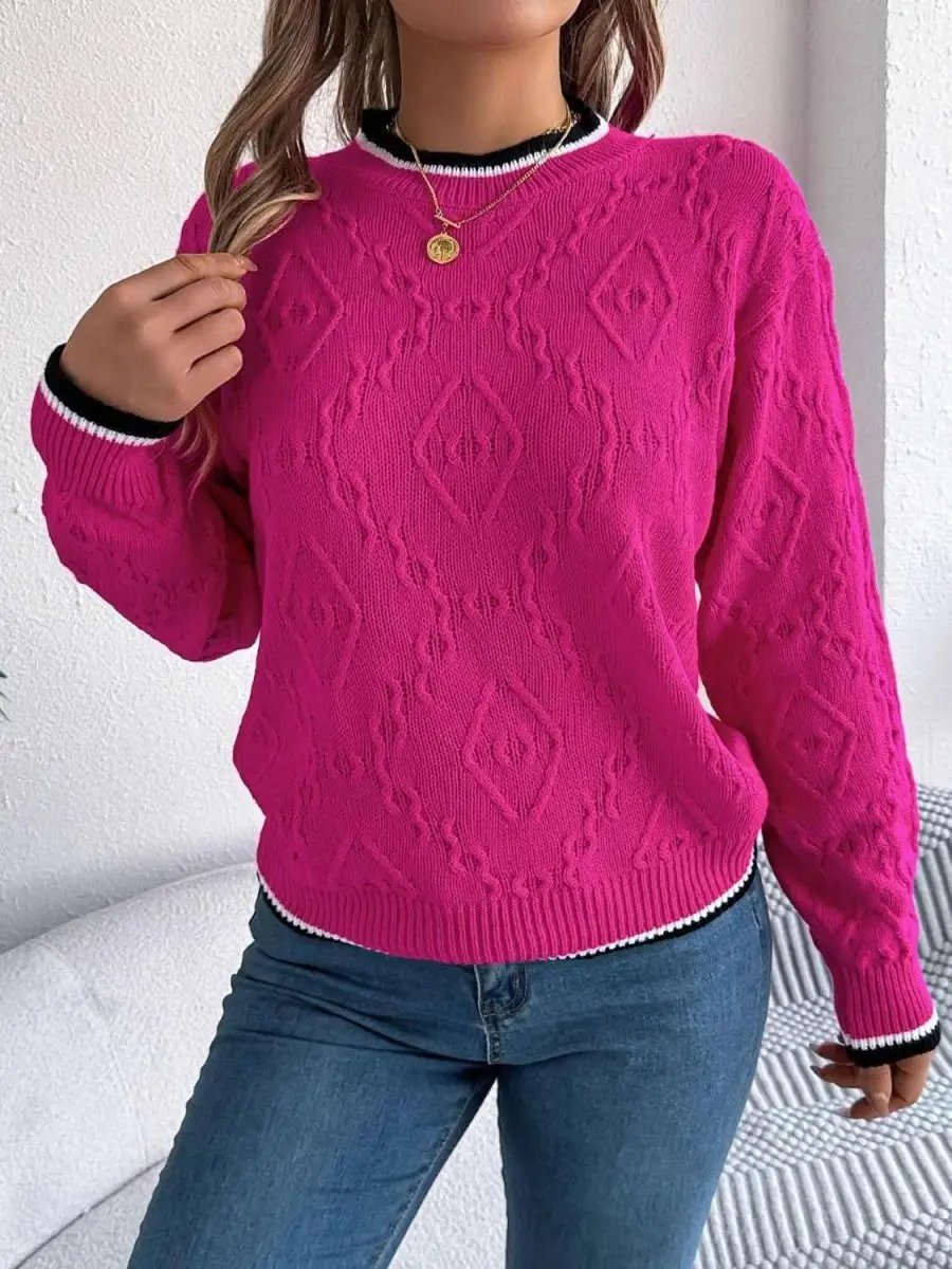 Contrast Trim Round Neck Long Sleeve Sweater - Love Salve